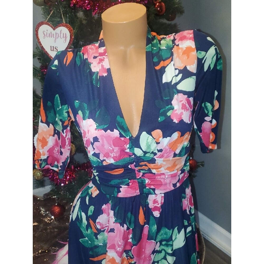 Vince Camuto Navy Floral Wrap Midi Dress - Picture 2 of 7